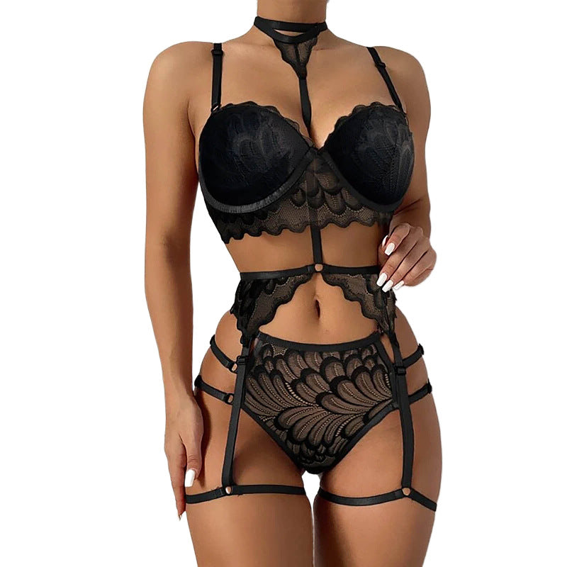 💕 Sexy Tie Neck Garter Belt Lingerie Set – 3-Piece Lace See-Through With Leg Loops 🔥