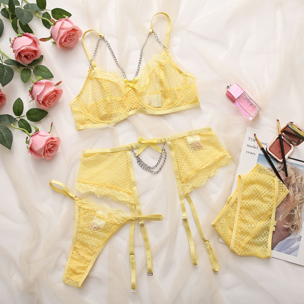 New Mesh Mosaic Eyelash Lace Lingerie 💕 Bowknot & Chain Waist Detail – Romantic See-Through Design for Girls