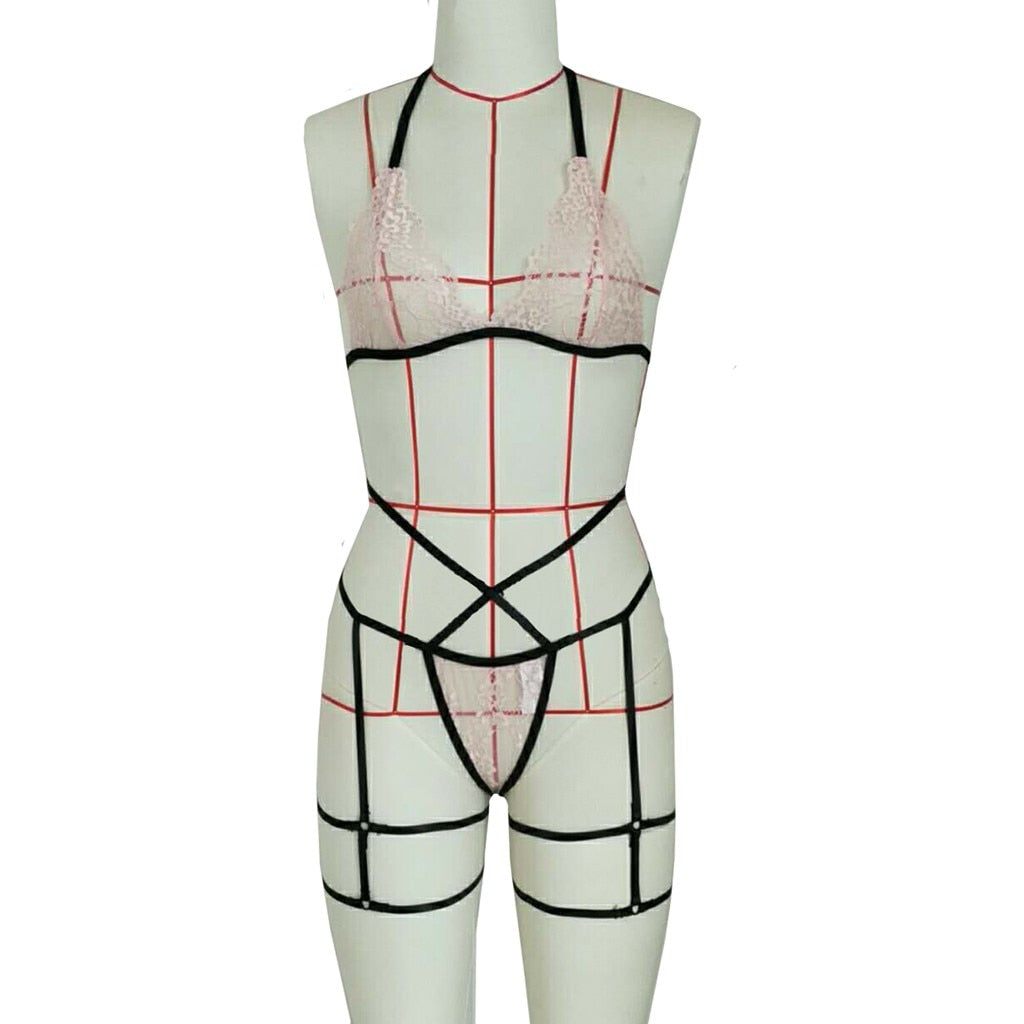 Bandage Lace Lingerie Set – Sexy Hollow Out Bra & Garter Thong for Women