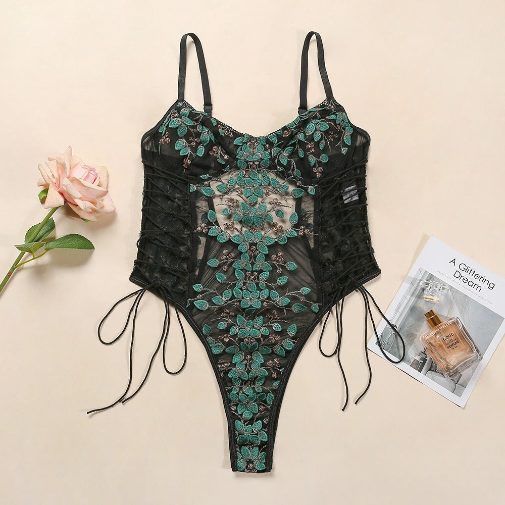 Erotic Floral Lace-Up Jumpsuit – Sheer Embroidered Lingerie for Women