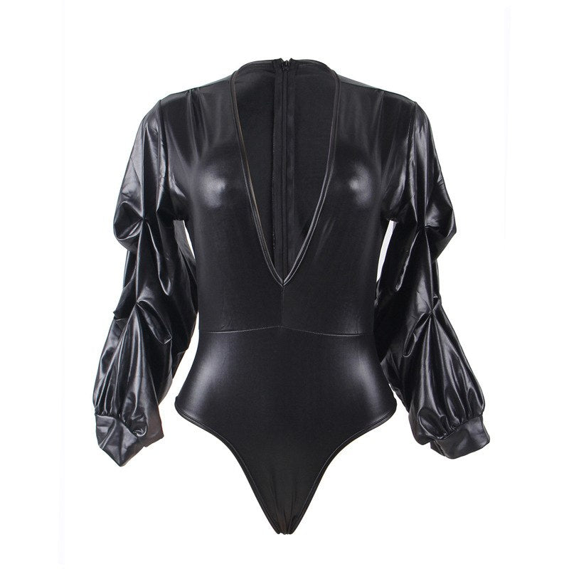 Ohyeah Deep V-Neck Black Lace Bodysuit – Long Sleeve Plus Size Sexy Lingerie | Elegant Babydoll One-Piece for Women