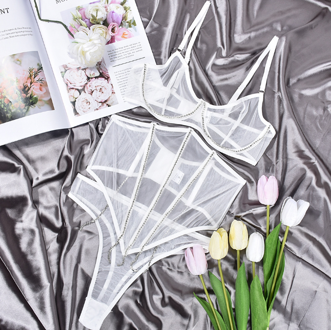 Mesh Diamond Chain Lingerie – Fishbone Shaping Split Bodywear for Women