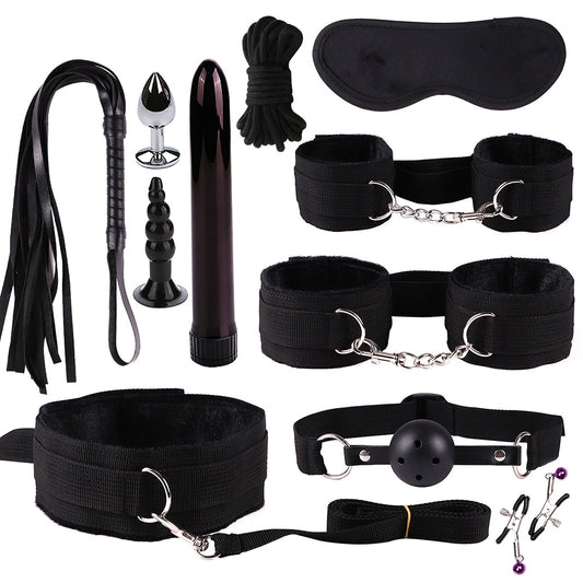 11-Piece Couples Bondage Kit – BDSM Set with Handcuffs, Whip, Rope, Blindfold, Anal Vibrator & More