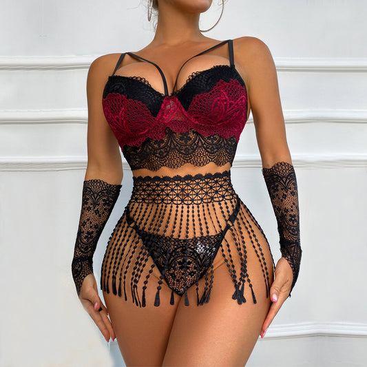 🔥 Three Piece Sling Set with Fringed Girdle & Lace Stitching – Sexy Lingerie Set with Gloves 💕
