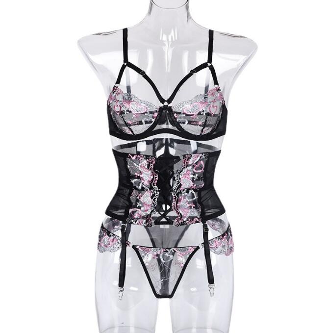 💘 Three-Piece Embroidered Love Lingerie Set – Cross Strap Girdle Sexy Nightwear 💖