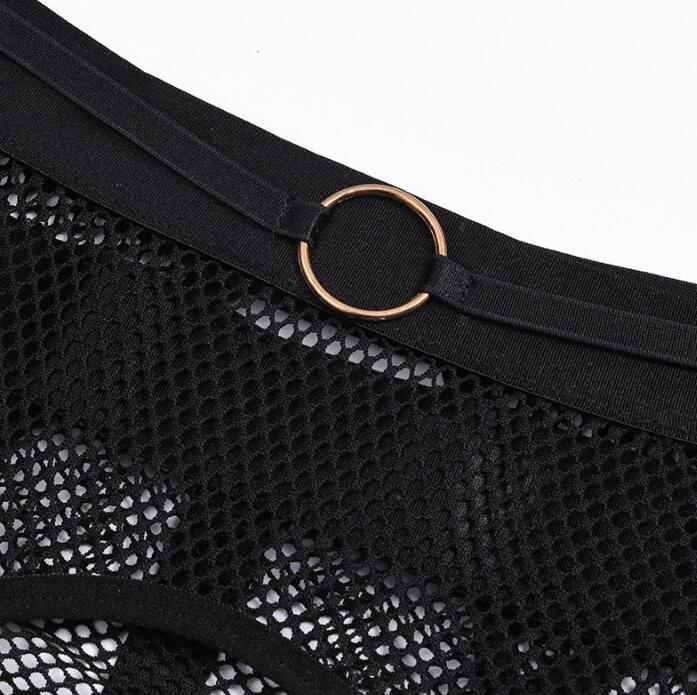 🔥 Sexy Lingerie 4-Piece Set – Mesh & Iron Ring Stitching with Collar Grid Design 💋