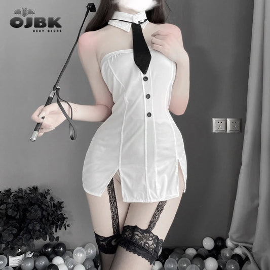 Sexy Office Lady Cosplay Costume – White Split Secretary Dress with Tie