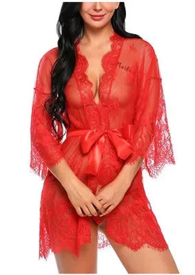 Midnight Lace – Plus-Size See-Through Nightgown & Robe Sleepwear Set 🖤✨