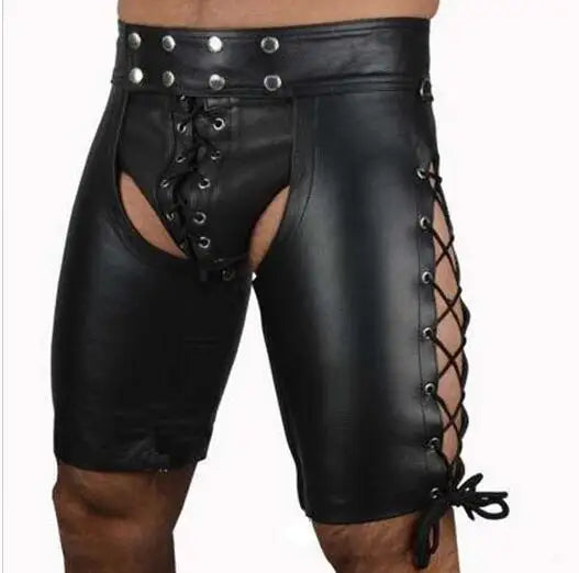 Men’s Faux Leather Lace-Up Bondage Shorts – Open Crotch PVC Gothic Fetish Lingerie