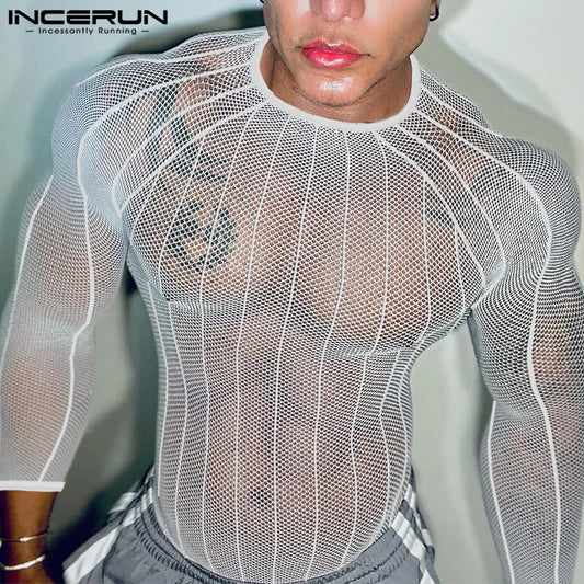 INCERUN 2025 American Style Men’s Perspective T-Shirt – Sexy Casual Clubwear Long Sleeved Camiseta