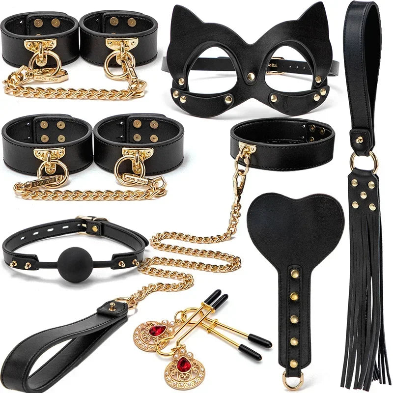 Genuine Leather BDSM Bondage Set – Collar, Handcuffs, Gag & Whip | Erotic Fetish Kit for Couples