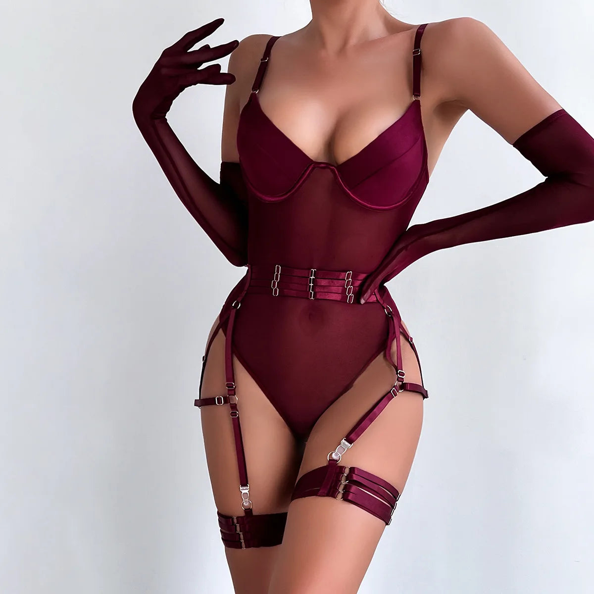 Perspective Sexy Onesie Mesh Shapewear | Lingerie Set with Straps & Gloves 💋🔥
