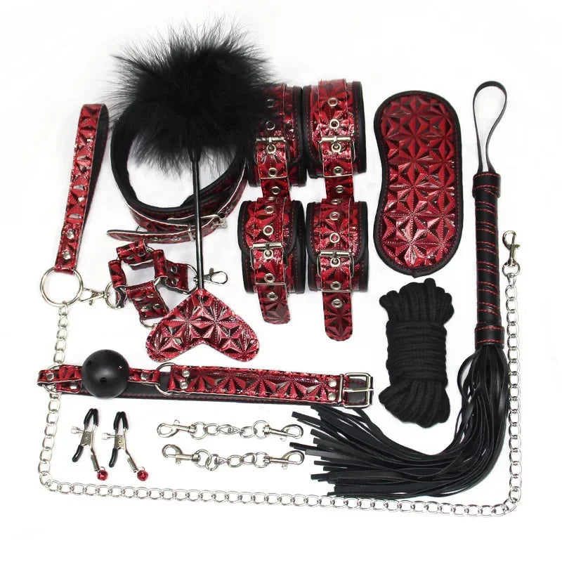 Genuine Leather BDSM Bondage Set – Collar, Handcuffs, Gag & Whip | Erotic Fetish Kit for Couples