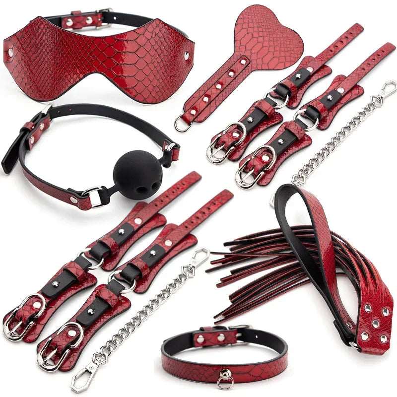 Genuine Leather BDSM Bondage Set – Collar, Handcuffs, Gag & Whip | Erotic Fetish Kit for Couples