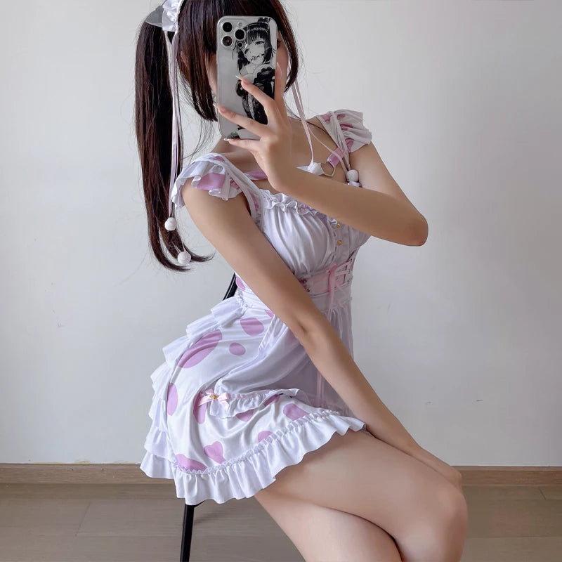 Pink Cow Bunny Maid Cosplay Lingerie Nightdress – Passionate Seduction Anime Girl Costume