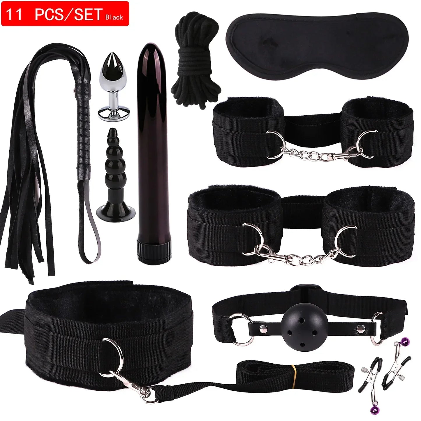 Genuine Leather BDSM Bondage Set – Collar, Handcuffs, Gag & Whip | Erotic Fetish Kit for Couples