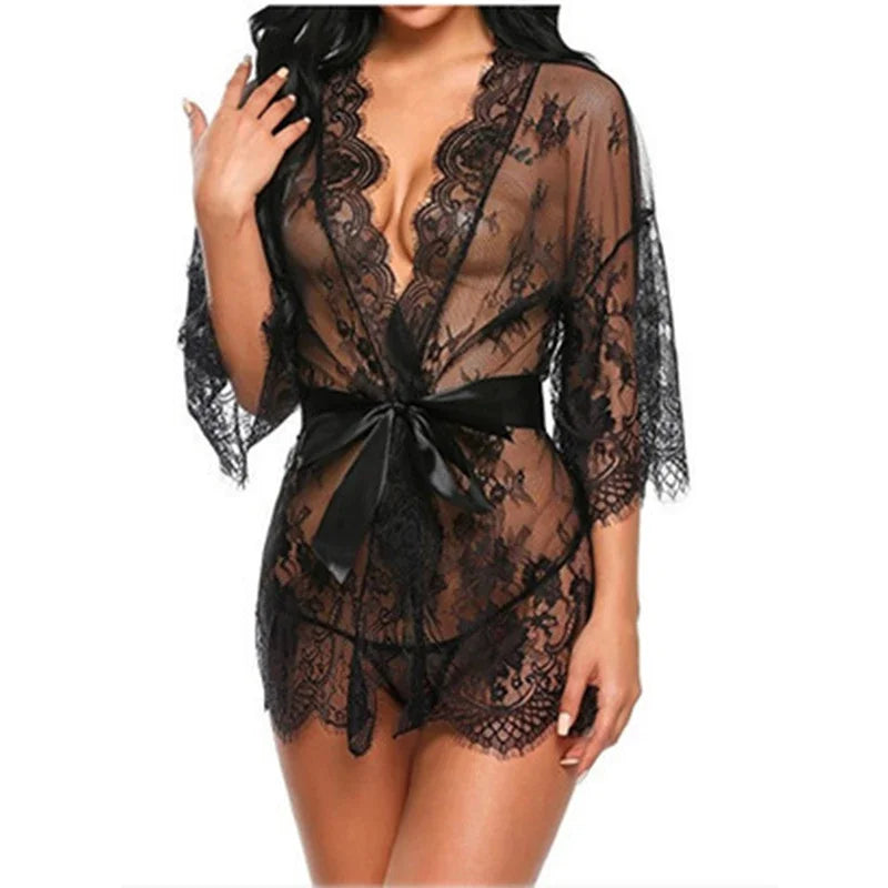 Midnight Lace – Plus-Size See-Through Nightgown & Robe Sleepwear Set 🖤✨