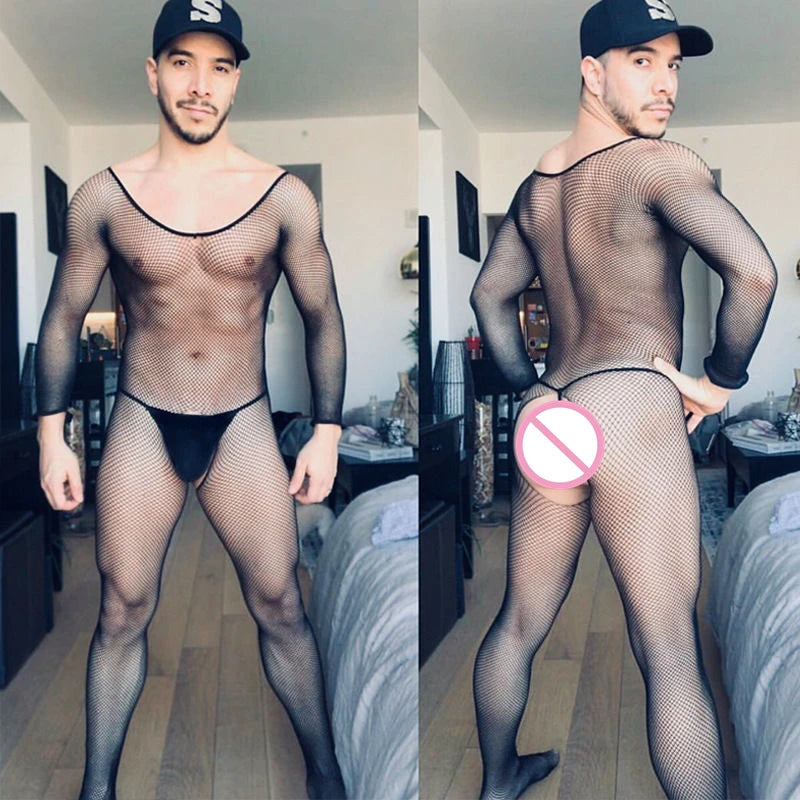 Red Mesh Erotic Bodysuit for Men – Tight Fishnet Full-Body Lingerie Sleepwear | See-Through Temptation Suit