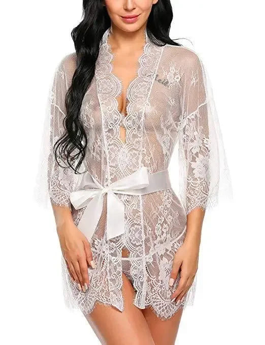 Midnight Lace – Plus-Size See-Through Nightgown & Robe Sleepwear Set 🖤✨