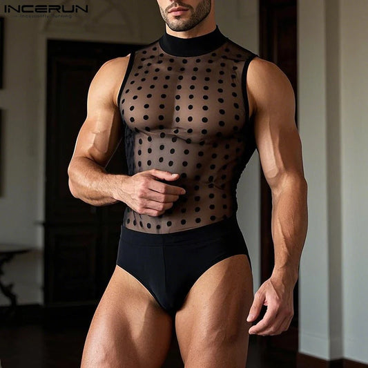 INCERUN Men's Polka Dot Mesh See-Through Jumpsuit – Sexy Sleeveless Bodysuit Loungewear (S–3XL)