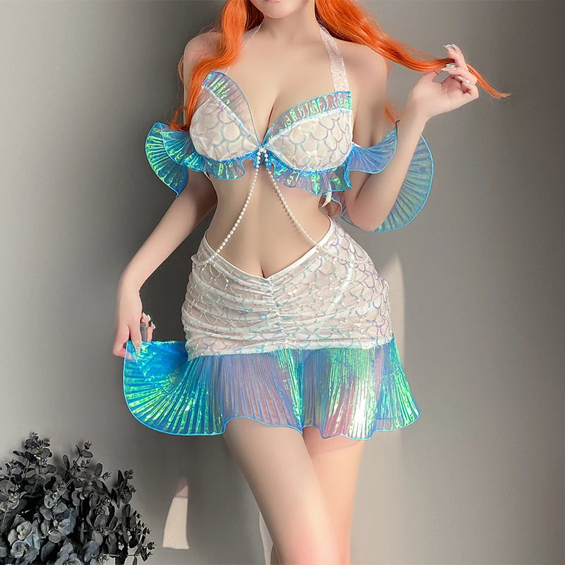 Mermaid Fantasy Cosplay Costume – Shiny Blue Bra & Fish Tail Skirt Set