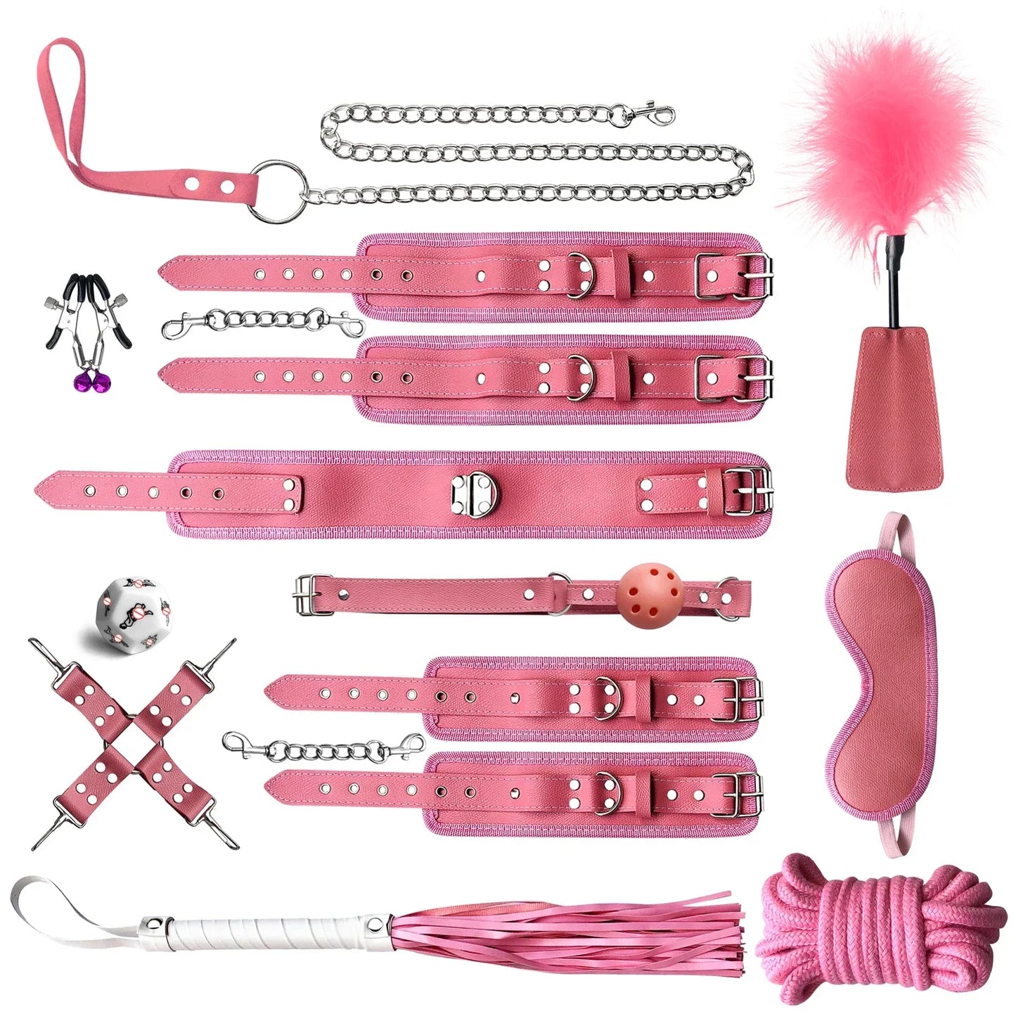 Genuine Leather BDSM Bondage Set – Collar, Handcuffs, Gag & Whip | Erotic Fetish Kit for Couples