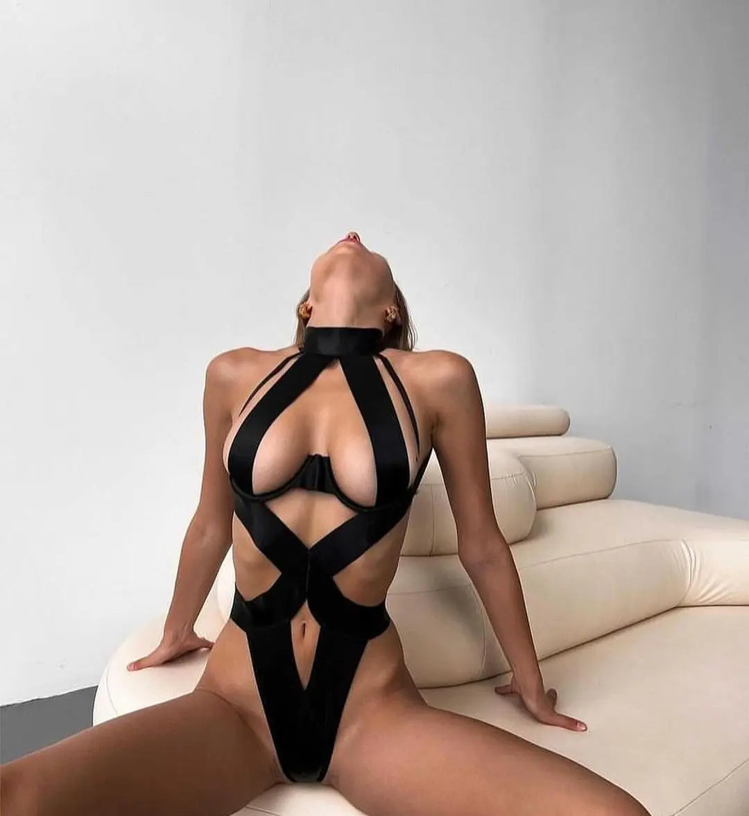 Ellolace Bandage Halter Sexy Lingerie Bodysuit – Black Hollow-Out Erotic One-Piece for Women