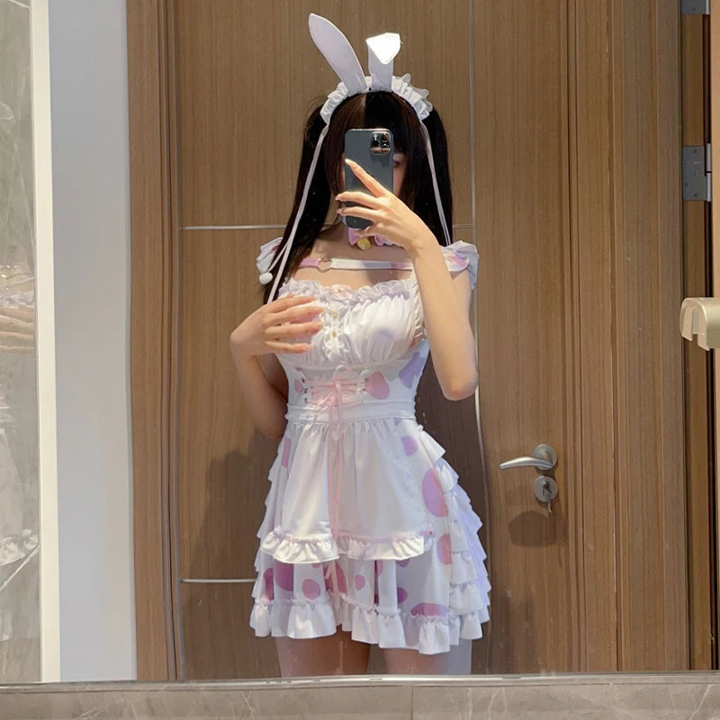 Pink Cow Bunny Maid Cosplay Lingerie Nightdress – Passionate Seduction Anime Girl Costume