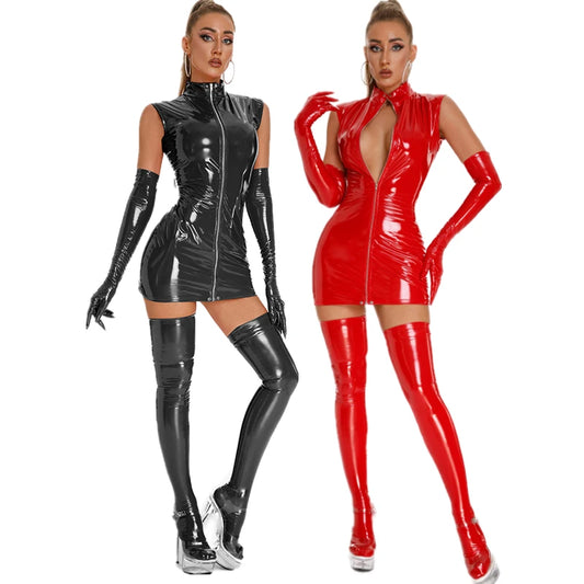 Women’s Latex Leather Lingerie Mini Dress with Gloves & Socks – Hot Exotic Mistress Catsuit | Thirty Shades Of Play