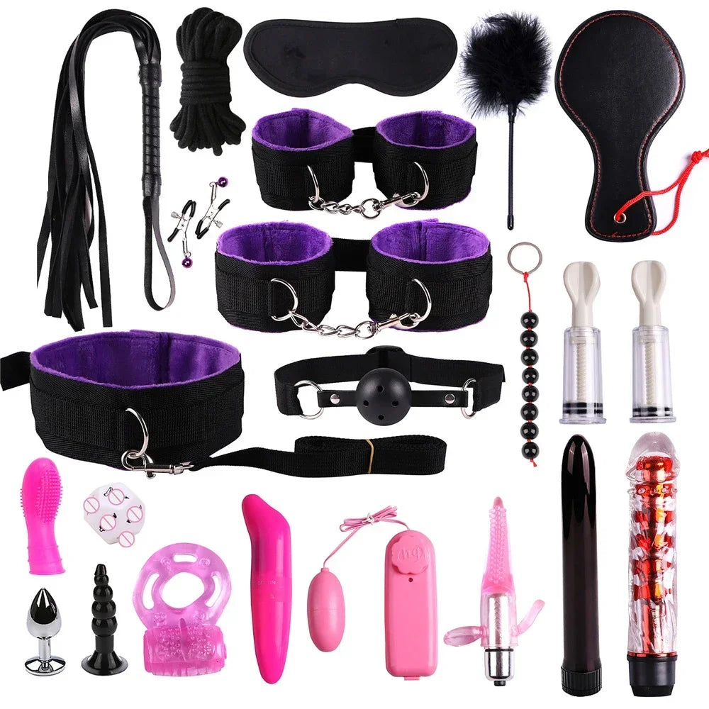 Genuine Leather BDSM Bondage Set – Collar, Handcuffs, Gag & Whip | Erotic Fetish Kit for Couples