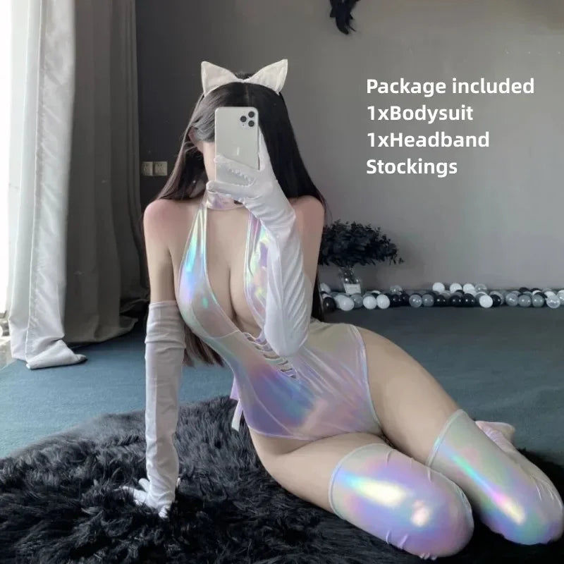 Anime Laser Rave Bodysuit – Sexy Sparkling Lingerie Cosplay Set for Women