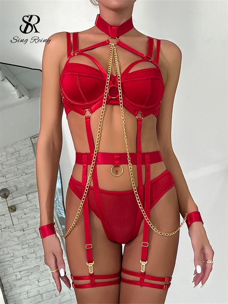 SINGREINY Female Fashion Erotic Bra & Briefs Set | Sensual Retro Lingerie Halter | Sexy Nightclub Chain 4-Piece Set