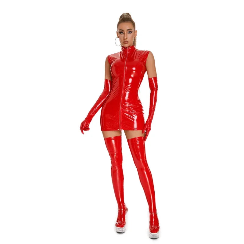 Women’s Latex Leather Lingerie Mini Dress with Gloves & Socks – Hot Exotic Mistress Catsuit | Thirty Shades Of Play