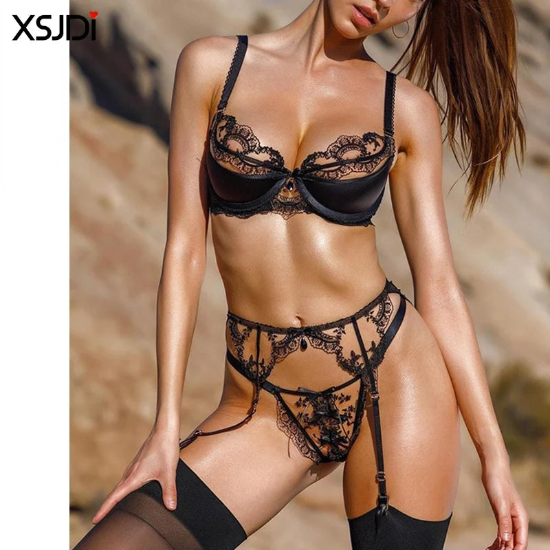 Exquisite Sexy Floral Lingerie Set – Lace Transparent Push-up Bra, Thong & Garter Belt 3PCS