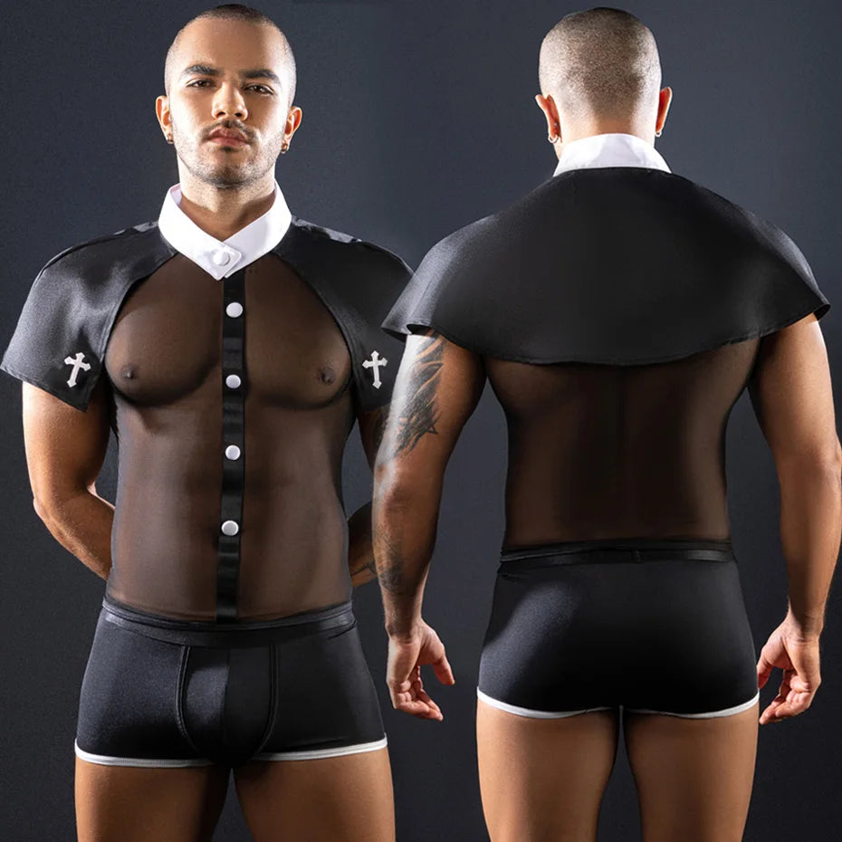 JSY Men’s Sexy Police Uniform – Faux Leather Cosplay Lingerie Set with Top & Pants | Erotic Roleplay Costume