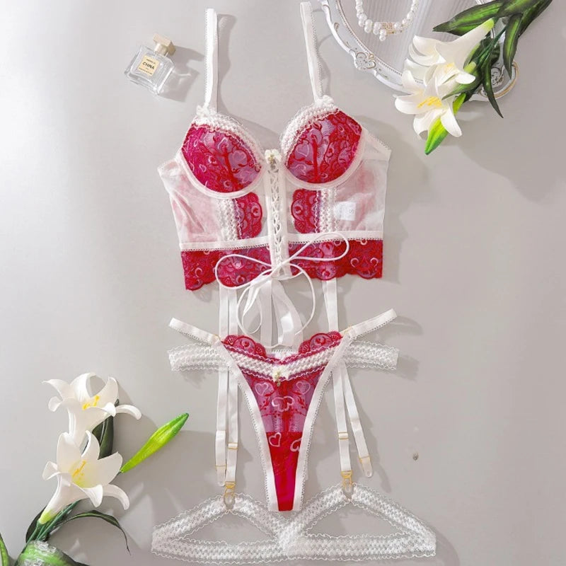 Tornova Lace-Up Lingerie Set – Sexy Hollow-Out Exotic Garters with Bow Accents
