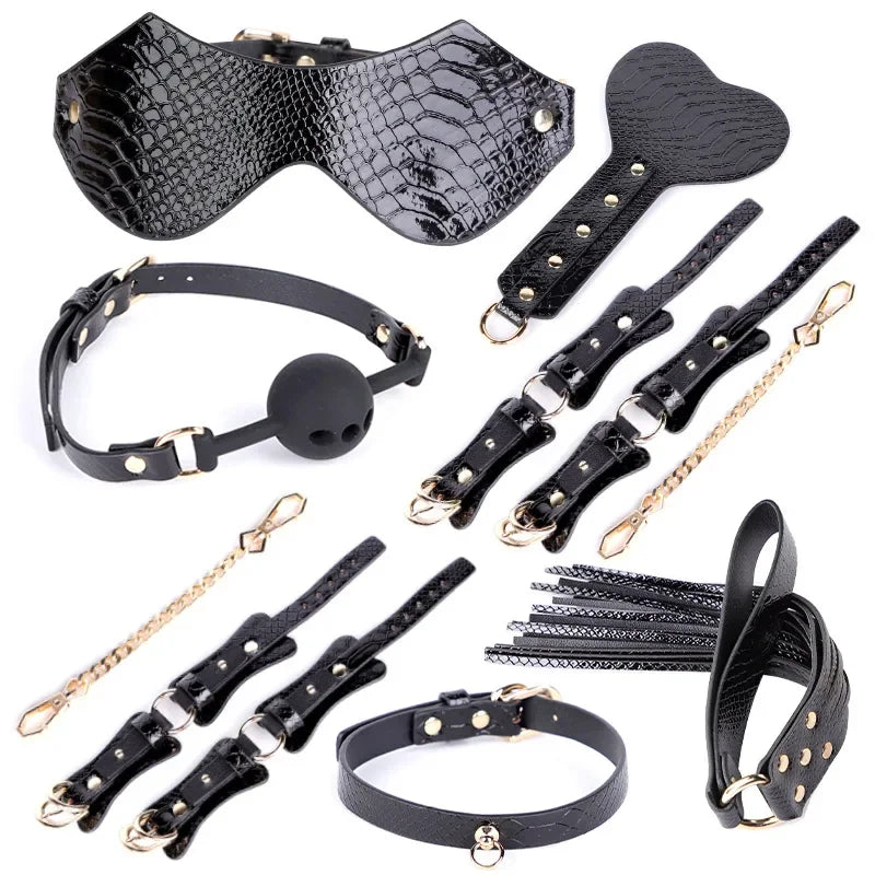 Genuine Leather BDSM Bondage Set – Collar, Handcuffs, Gag & Whip | Erotic Fetish Kit for Couples