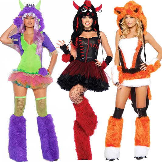 Deluxe Plush Monster Girl Costume – Furry Leopard Fox Cat Cosplay Dress-Up Outfit for Women