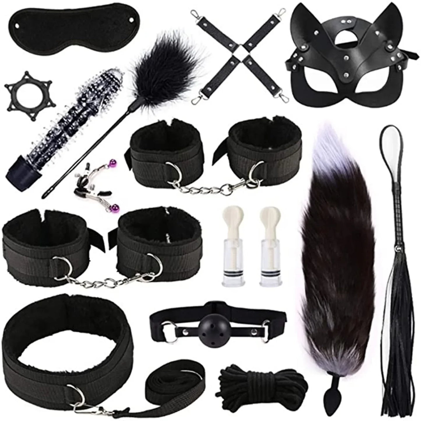 Genuine Leather BDSM Bondage Set – Collar, Handcuffs, Gag & Whip | Erotic Fetish Kit for Couples