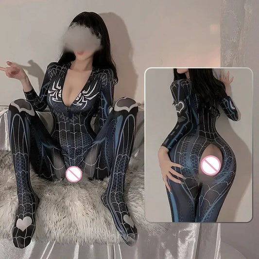 Anime She Venom Spider Woman Cosplay Uniform – Sexy Lingerie Erotic Jumpsuit with Chest Zipper & Open Crotch