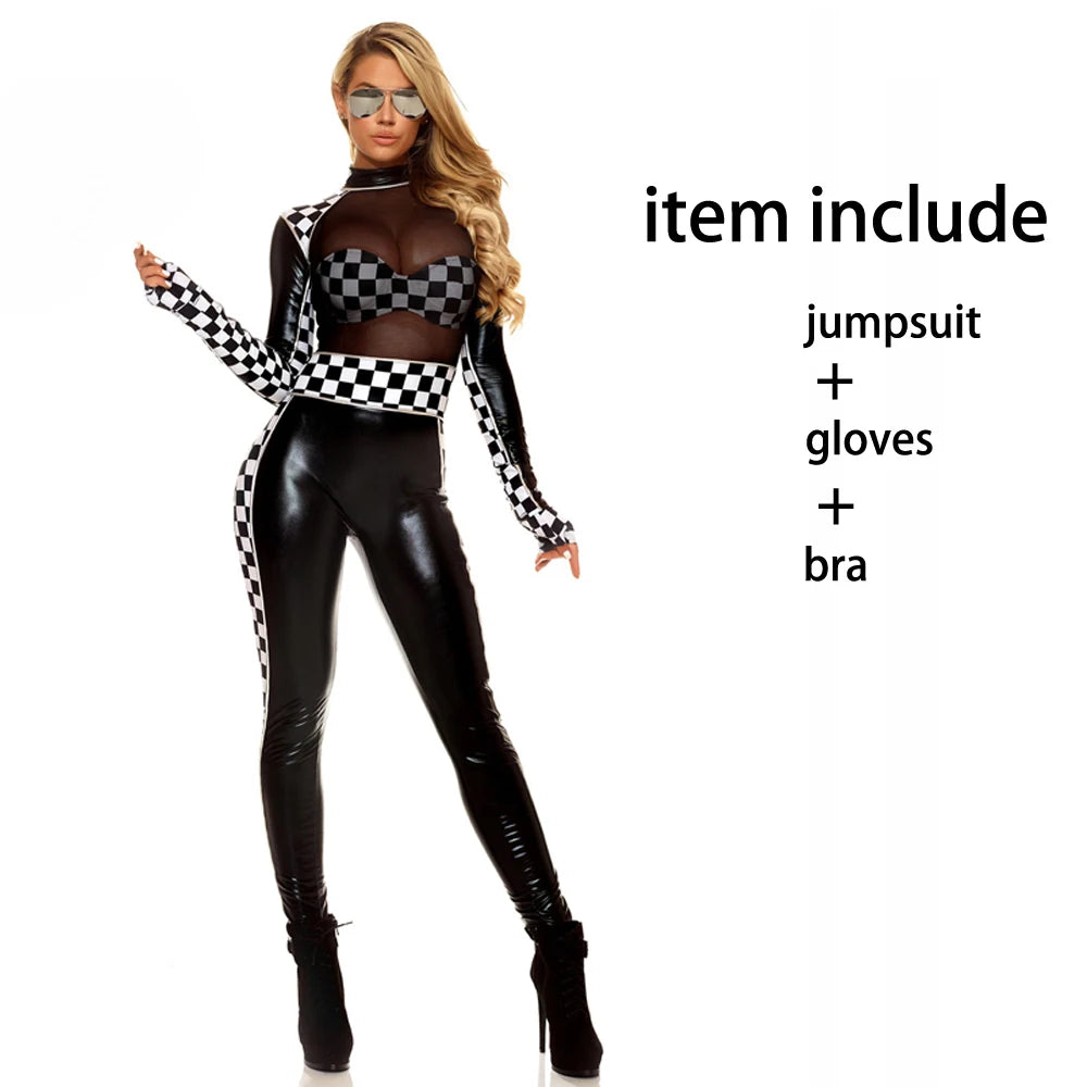 Sexy Race Girl Costume – Race Car Driver Jumpsuit, Black & White Plaid Outfit, Halloween Long Sleeves Racing Girl Bodysuit