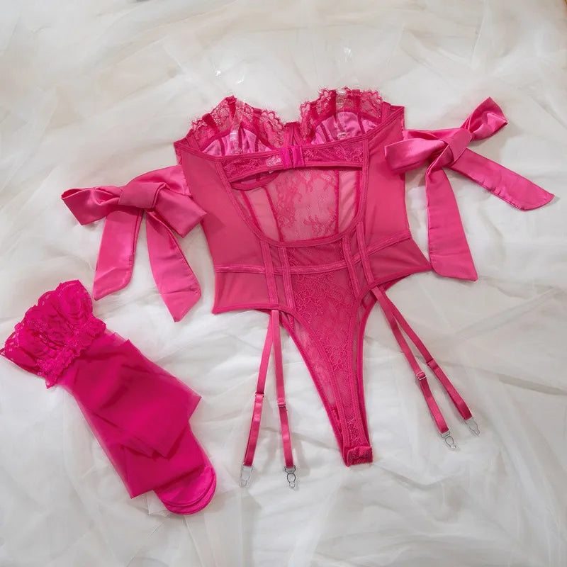 Seductive Bow Silk Strap Lingerie Jumpsuit Set – Mesh See-Through Lingerie & Stockings 💋🔥