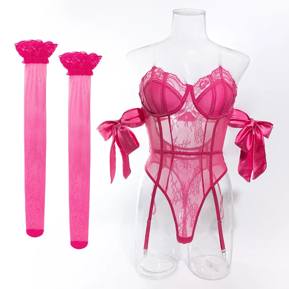 Seductive Bow Silk Strap Lingerie Jumpsuit Set – Mesh See-Through Lingerie & Stockings 💋🔥