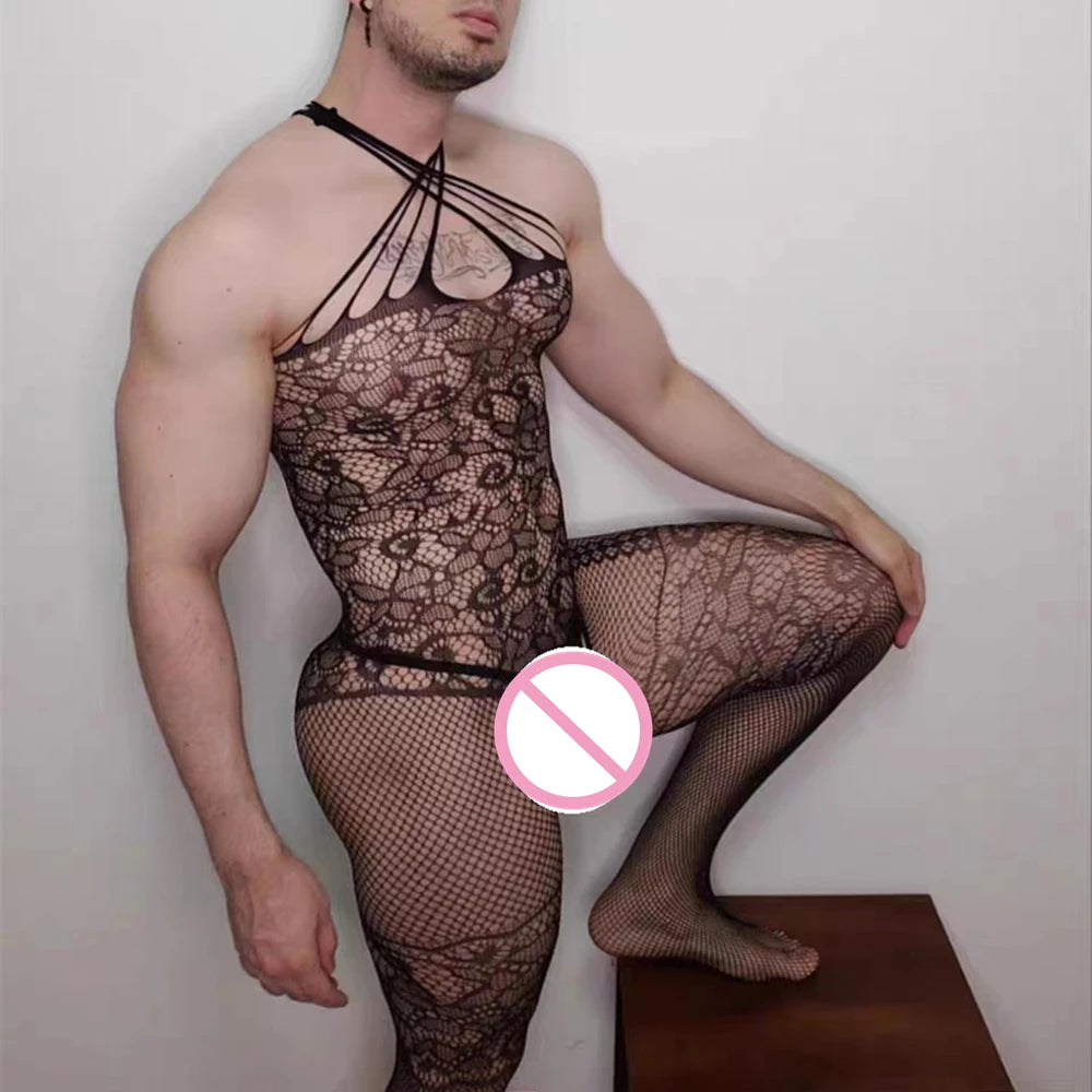 Red Mesh Erotic Bodysuit for Men – Tight Fishnet Full-Body Lingerie Sleepwear | See-Through Temptation Suit