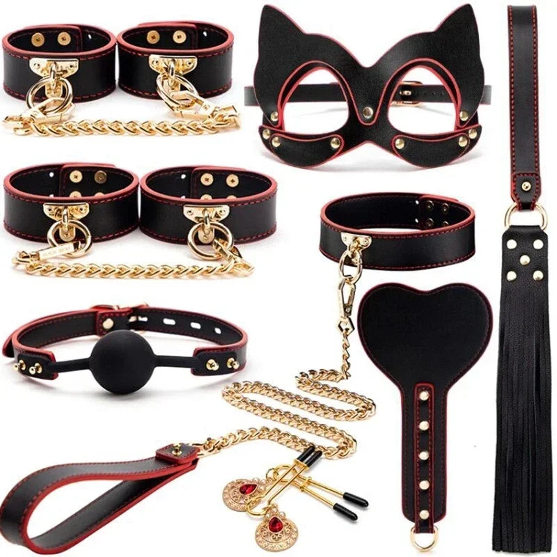 Genuine Leather BDSM Bondage Set – Collar, Handcuffs, Gag & Whip | Erotic Fetish Kit for Couples