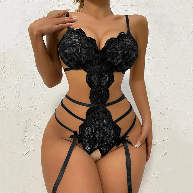 Lace Crotchless Babydoll Lingerie – Seamless Deep V Bodysuit & Open Garter Set