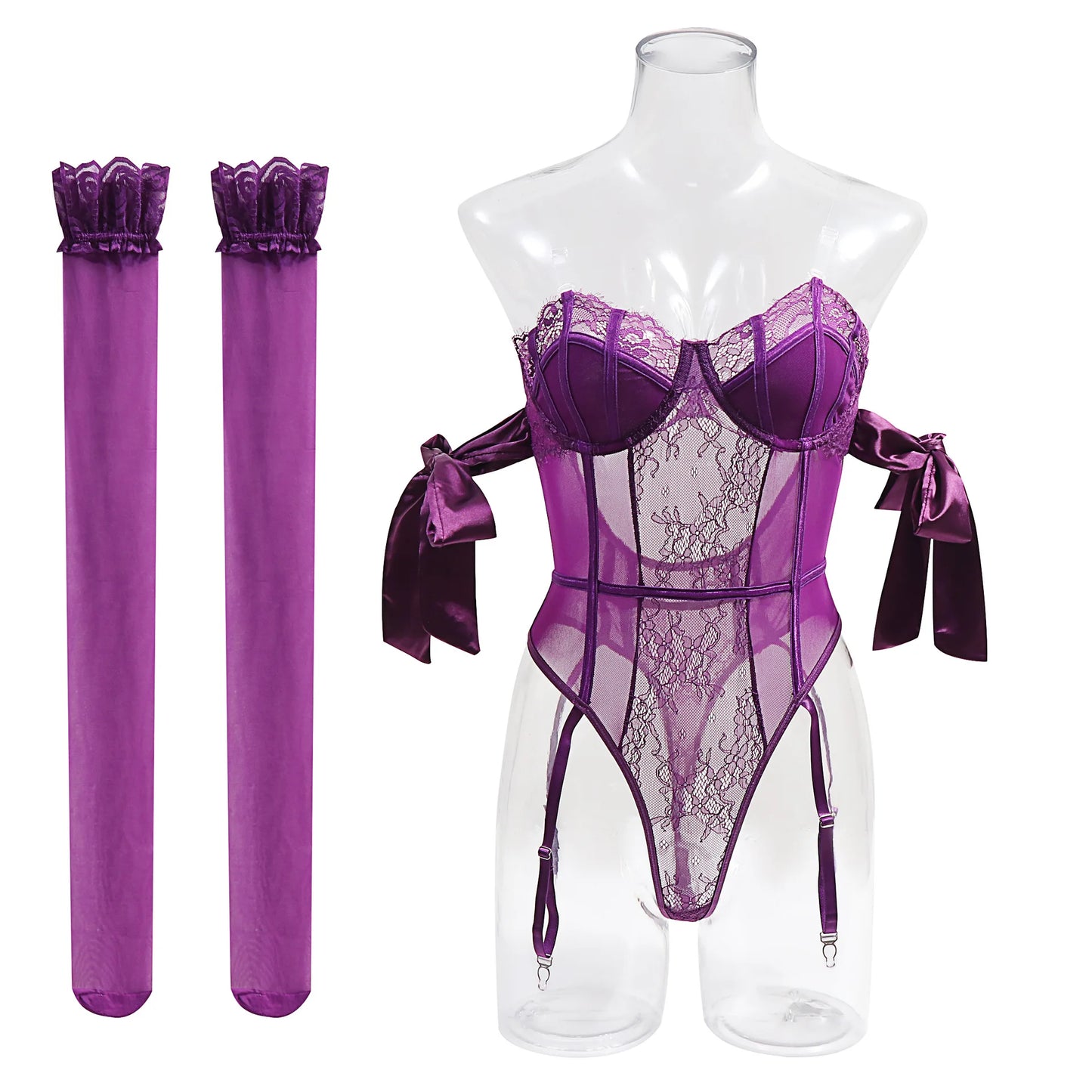 Toucheart Sexy Underwear Women Bow Silk Strap Lingerie Jumpsuit | See-Through Mesh Stockings Set 💋🔥