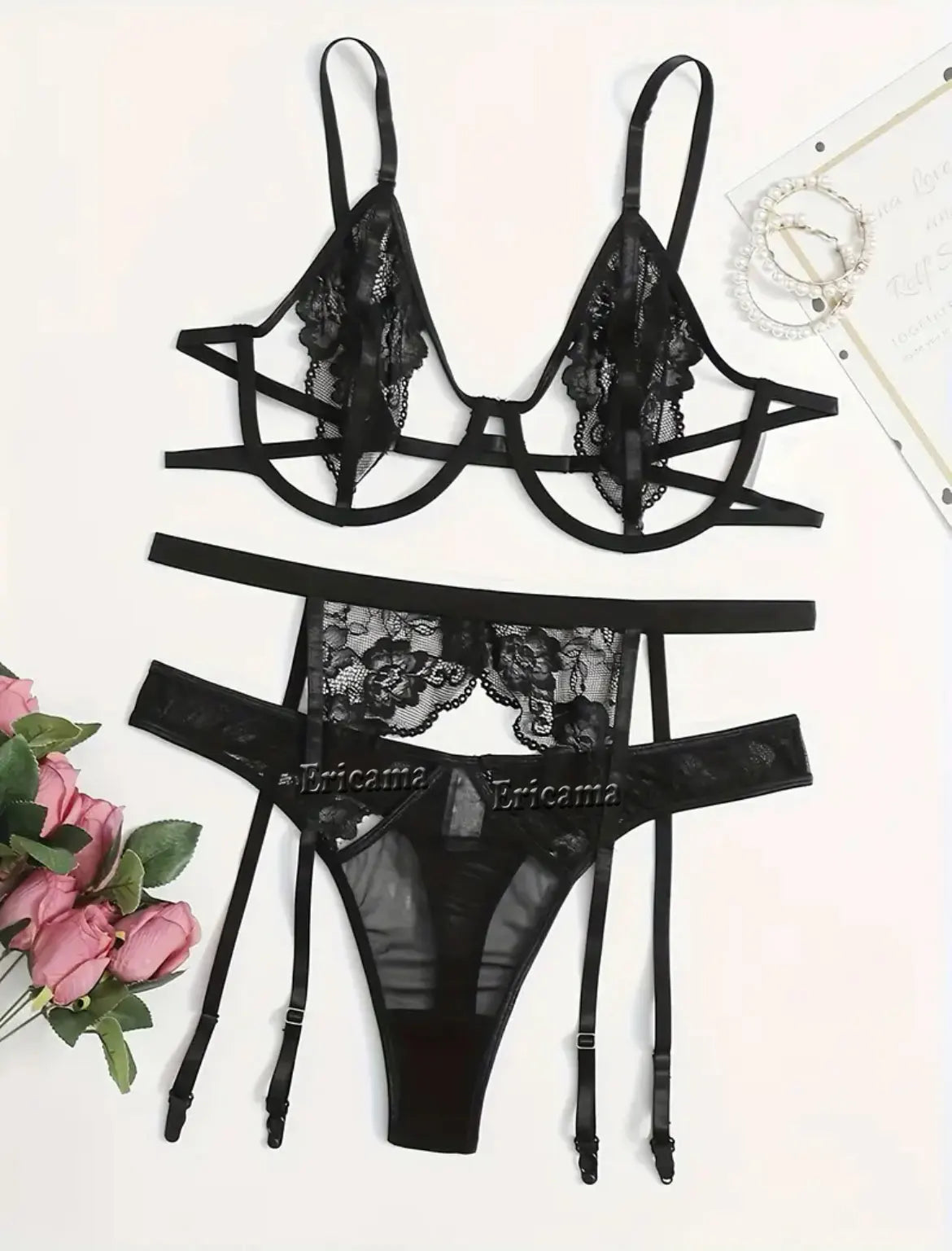 Laced & Lethal Garter Lingerie Set – Underwire Bra, Thong + Choker Detail