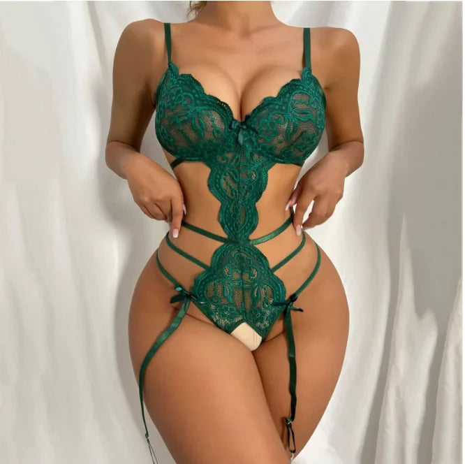 Exotic Flame Lingerie Set – Transparent Lace Bra, Bandage Panties + Stockings