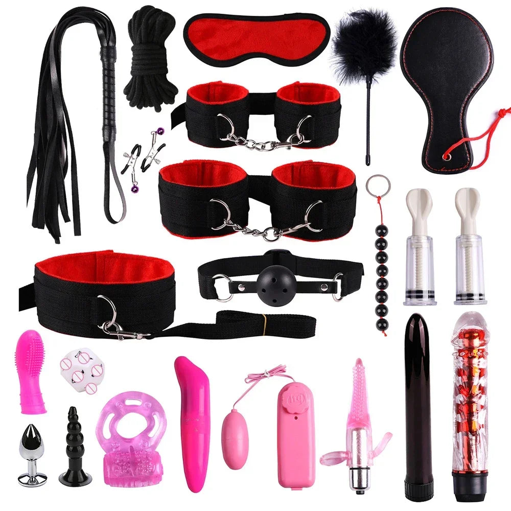 Genuine Leather BDSM Bondage Set – Collar, Handcuffs, Gag & Whip | Erotic Fetish Kit for Couples